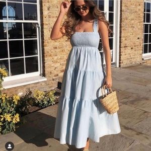 ZARA Tiered Poplin Smocked Midi Light Blue Dress Size Small